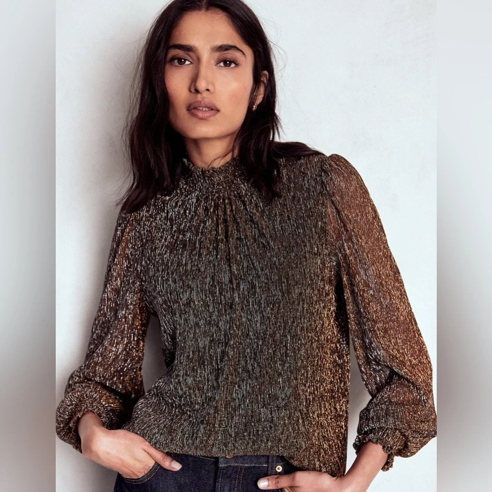 Boden Metallic Bronze High-Neck Blouse US 10